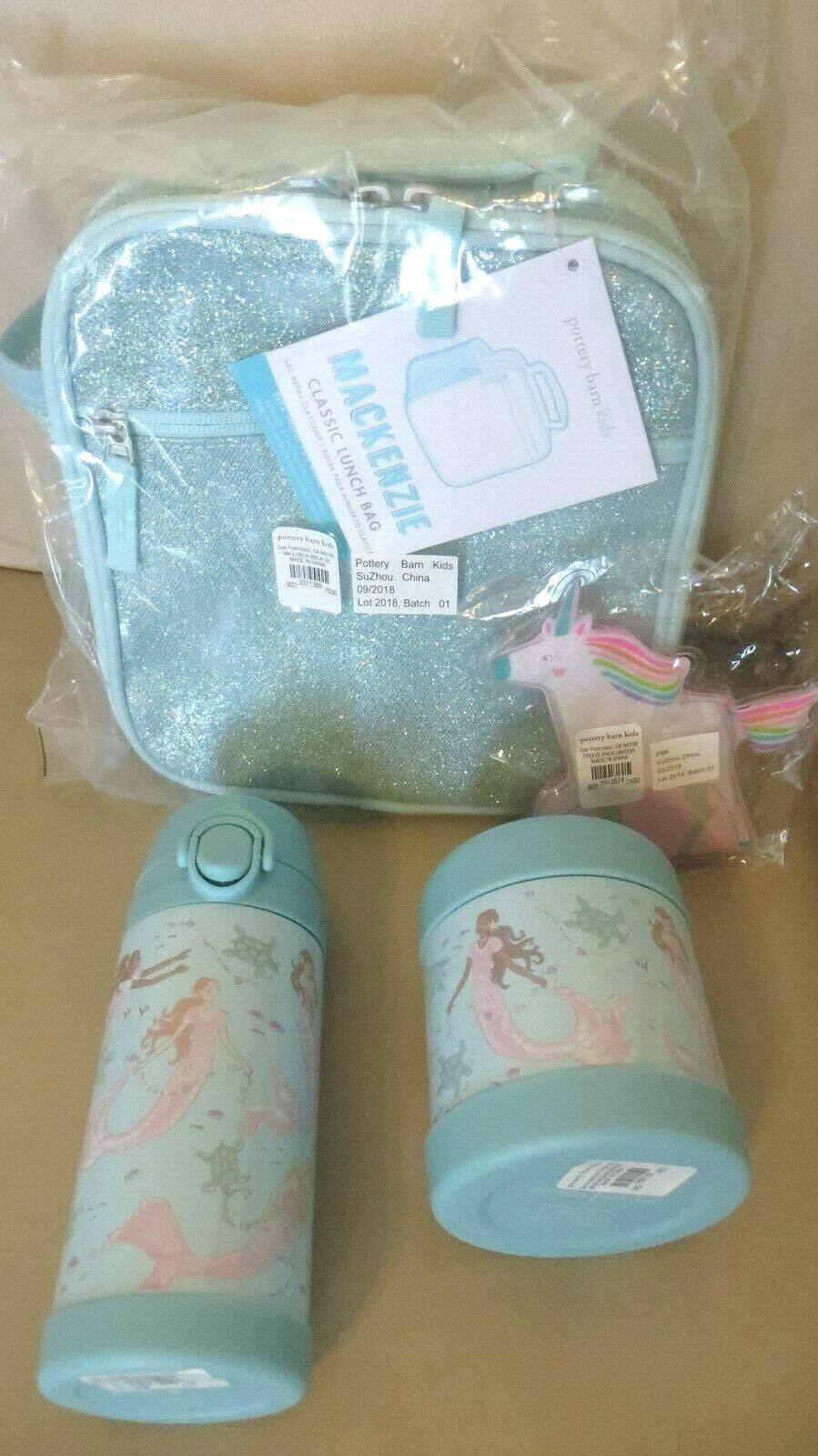 Pottery barn LUNCH BOX bag school Disney Mermaid +WATER BOTTLE set rainbow ?? .