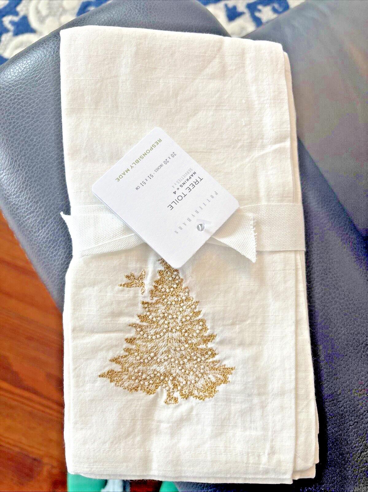 Pottery barn Holiday gold Party Napkin Christmas Tree bird wedding Toile SET 4 n