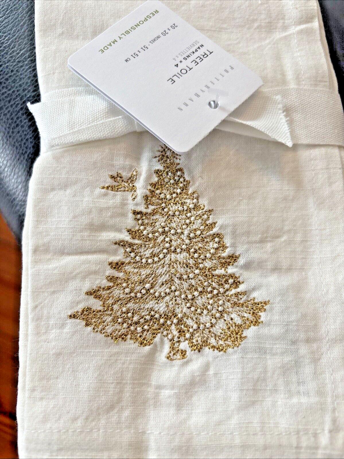 Pottery barn Holiday gold Party Napkin Christmas Tree bird wedding Toile SET 4 n