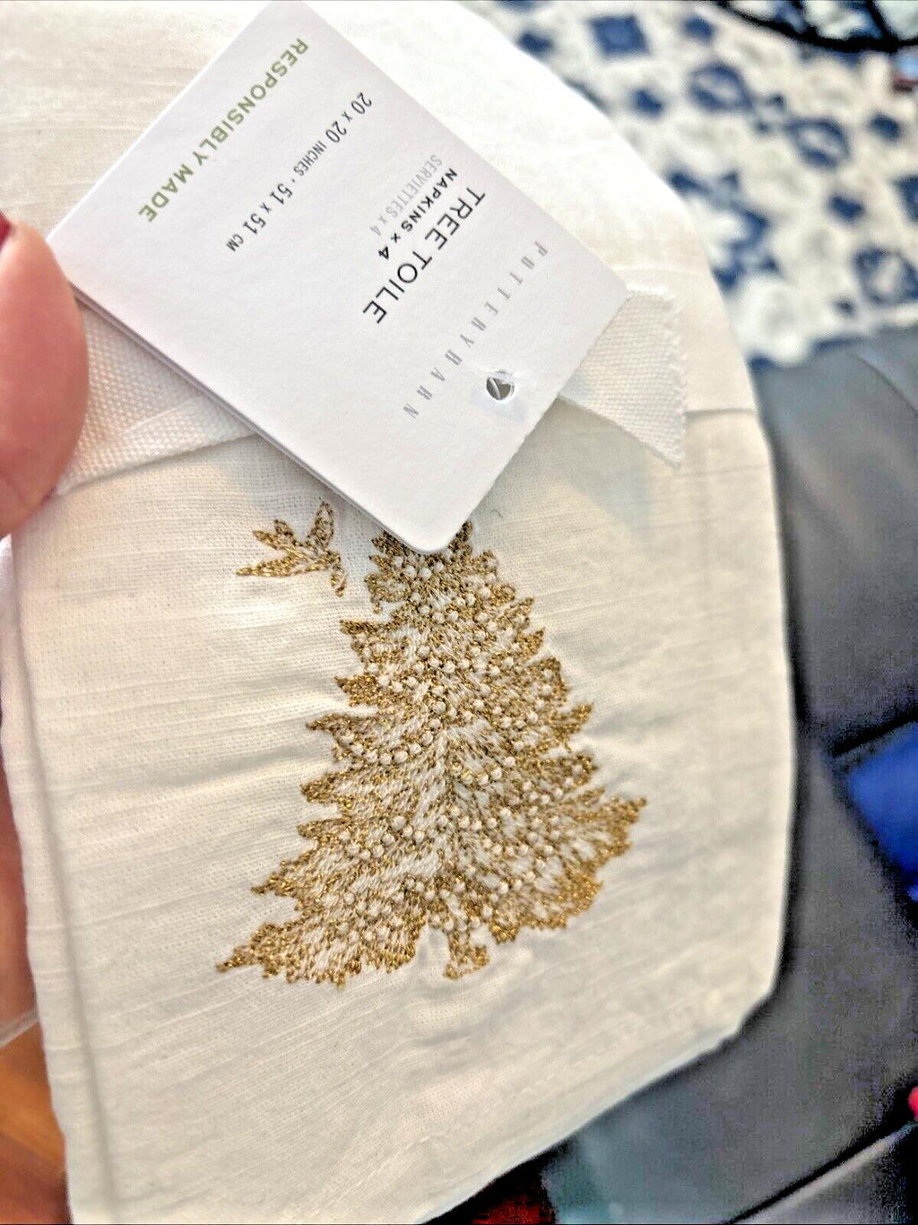 Pottery barn Holiday gold Party Napkin Christmas Tree bird wedding Toile SET 4 n