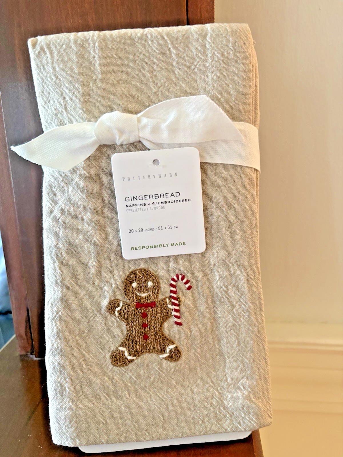 Pottery barn Holiday Gingerbread Candy Cane?Party Napkin Christmas Tree SET 4 ]