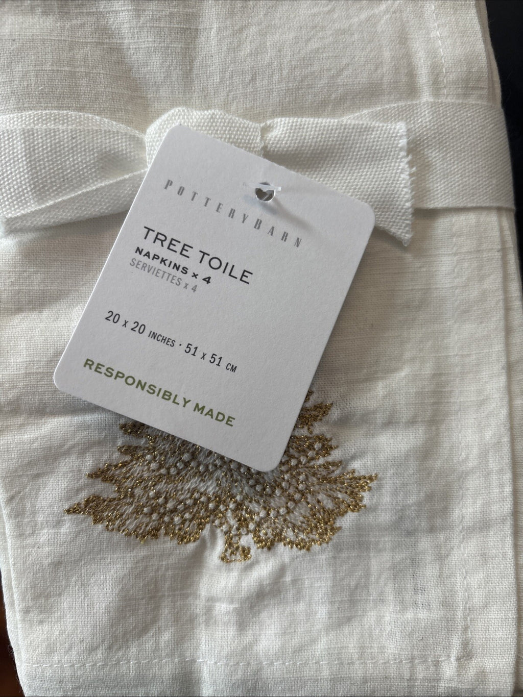 Pottery barn Holiday gold Party Napkin Christmas Tree bird wedding Toile SET 4 n