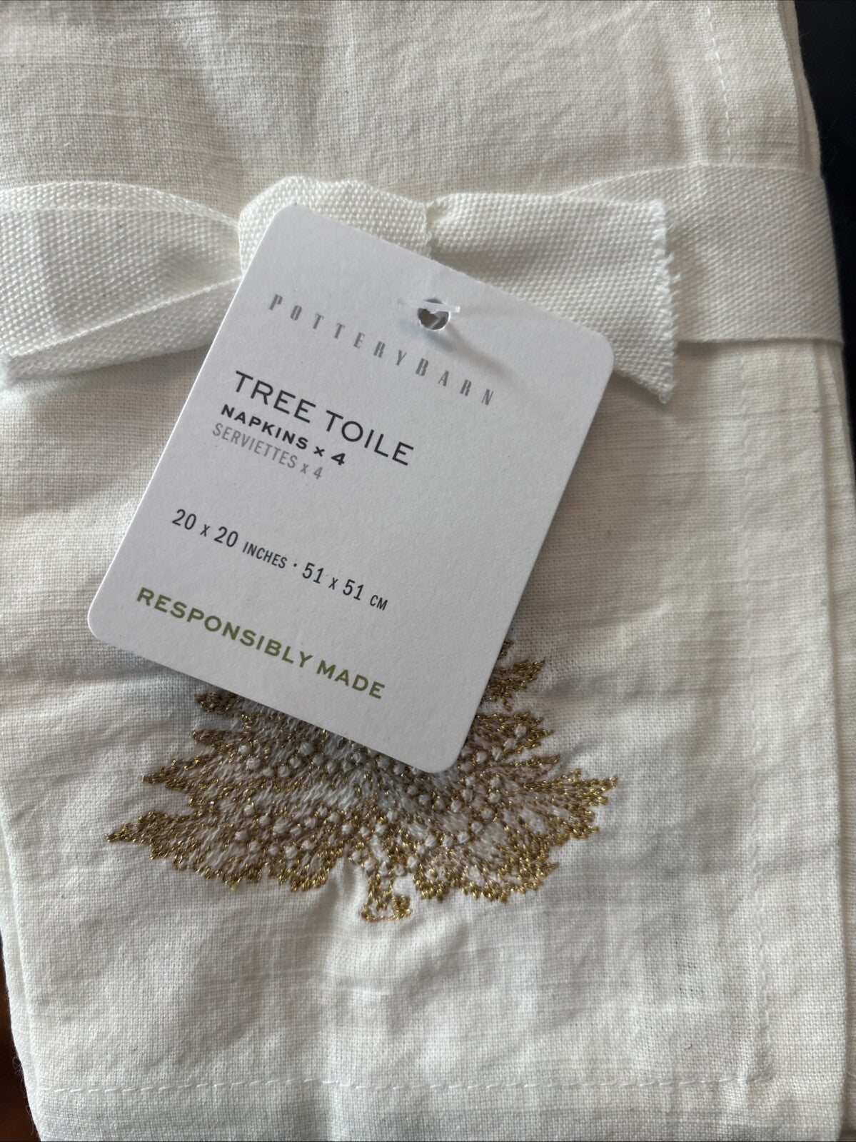 Pottery barn Holiday gold Party Napkin Christmas Tree bird wedding Toile SET 4 n