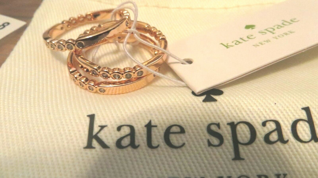 KATE SPADE CIRCLE STACK 3 RING SET SZ 7, 8 ROSE GOLD CRYSTAL+DUST BAG gift 1