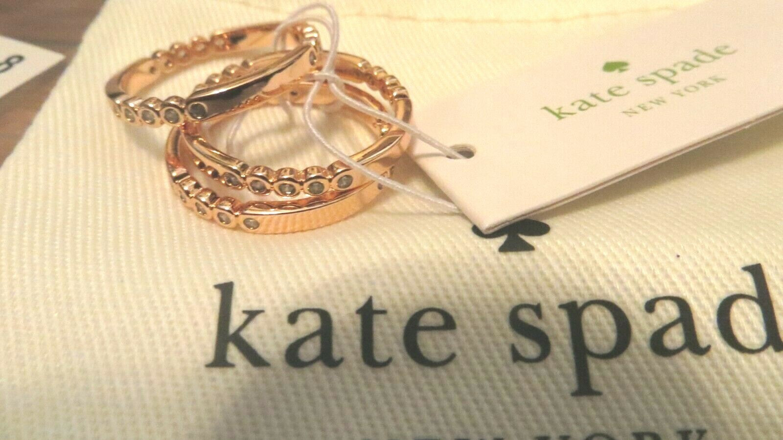 KATE SPADE CIRCLE STACK 3 RING SET SZ 7, 8 ROSE GOLD CRYSTAL+DUST BAG gift 1