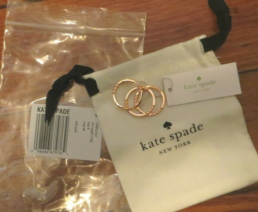 KATE SPADE CIRCLE STACK 3 RING SET SZ 7, 8 ROSE GOLD CRYSTAL+DUST BAG gift 1