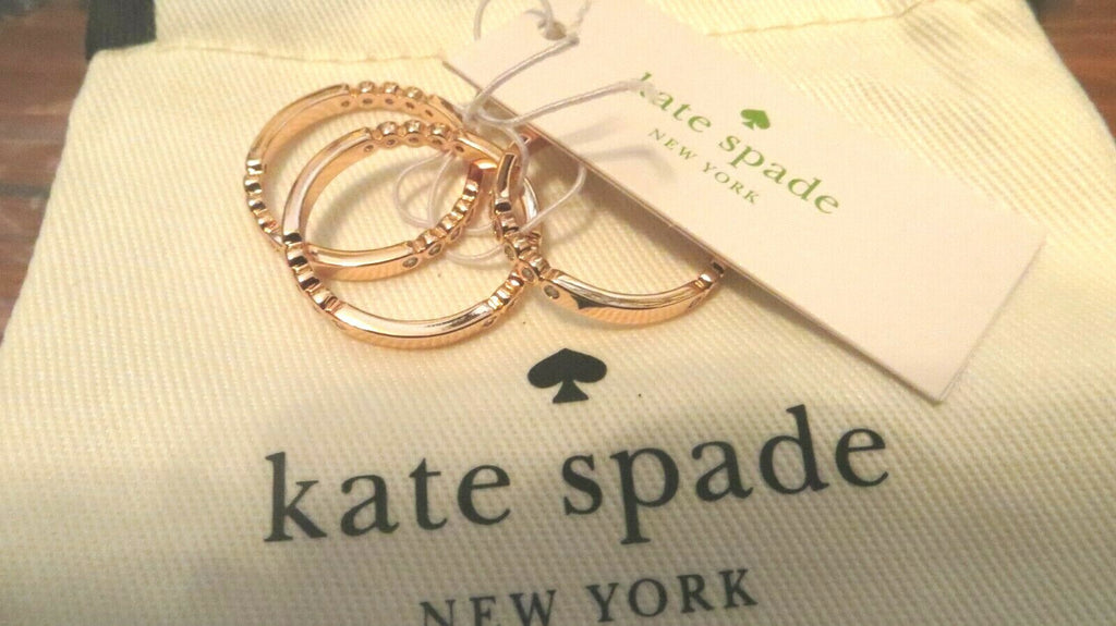 KATE SPADE CIRCLE STACK 3 RING SET SZ 7, 8 ROSE GOLD CRYSTAL+DUST BAG gift 1