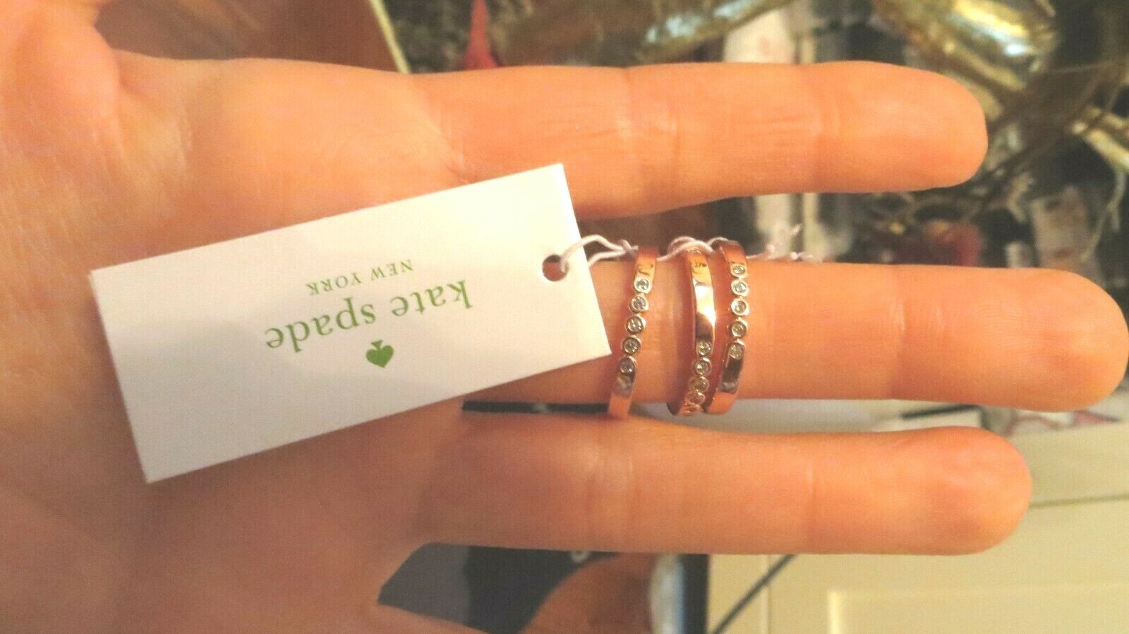 KATE SPADE CIRCLE STACK 3 RING SET SZ 7, 8 ROSE GOLD CRYSTAL+DUST BAG gift 1