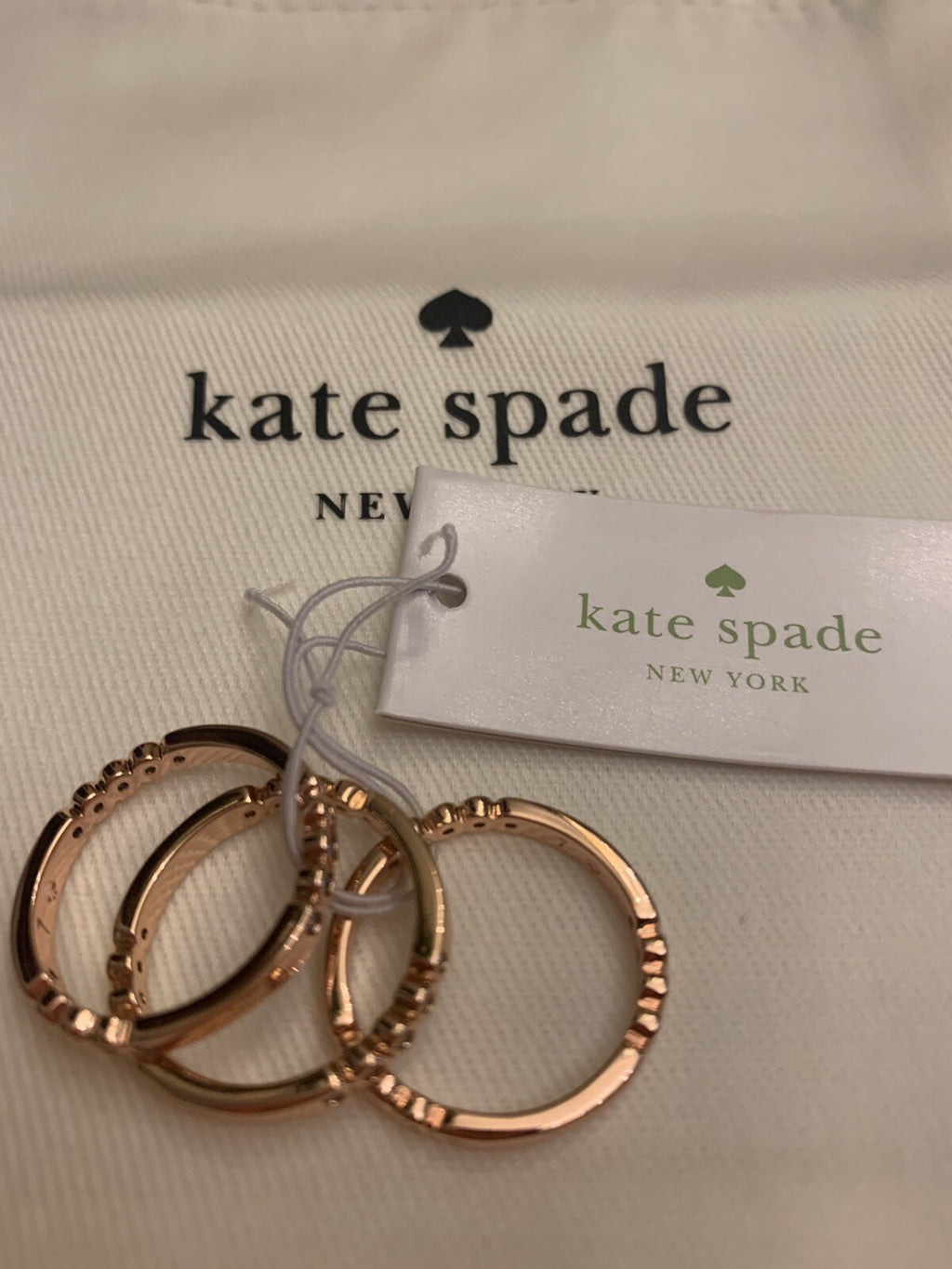 KATE SPADE CIRCLE STACK 3 RING SET SZ 7, 8 ROSE GOLD CRYSTAL+DUST BAG gift 1