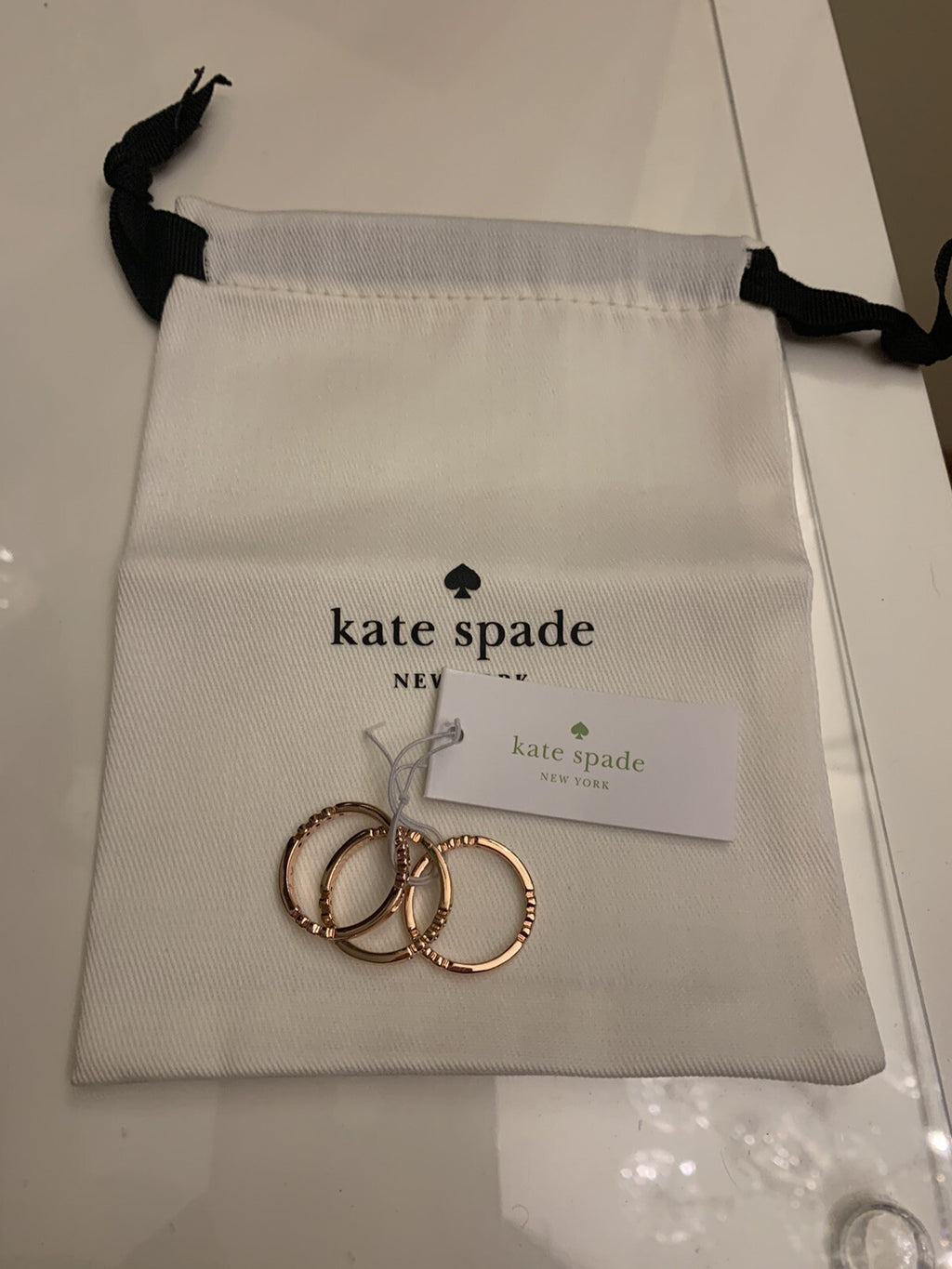 KATE SPADE CIRCLE STACK 3 RING SET SZ 7, 8 ROSE GOLD CRYSTAL+DUST BAG gift 1