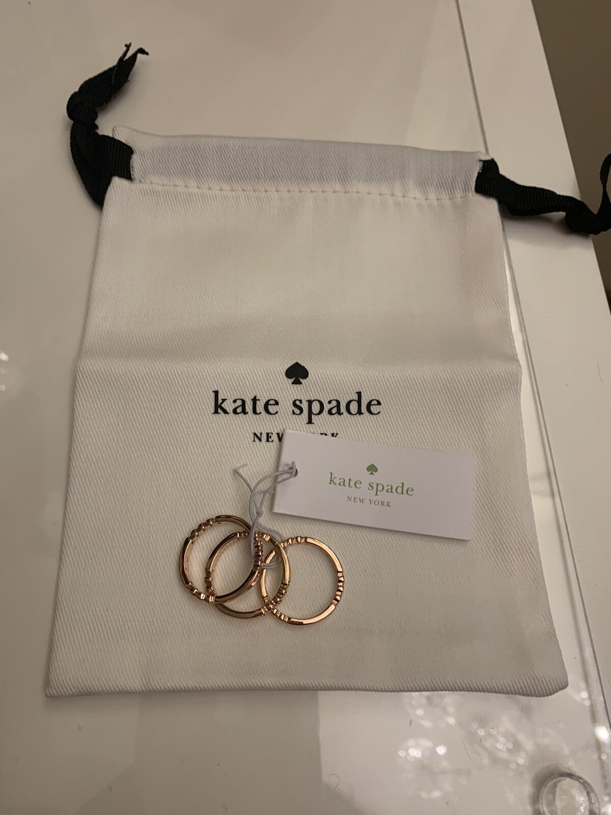 KATE SPADE CIRCLE STACK 3 RING SET SZ 7, 8 ROSE GOLD CRYSTAL+DUST BAG gift 1