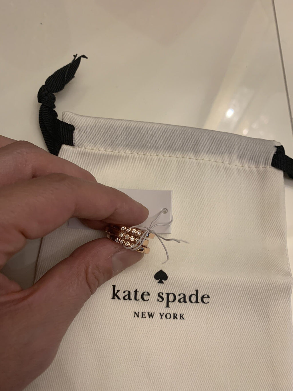 KATE SPADE CIRCLE STACK 3 RING SET SZ 7, 8 ROSE GOLD CRYSTAL+DUST BAG gift 1