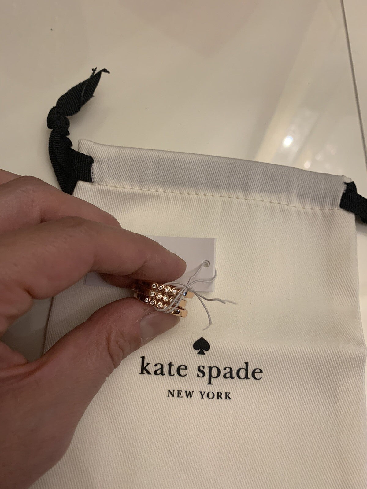 KATE SPADE CIRCLE STACK 3 RING SET SZ 7, 8 ROSE GOLD CRYSTAL+DUST BAG gift 1