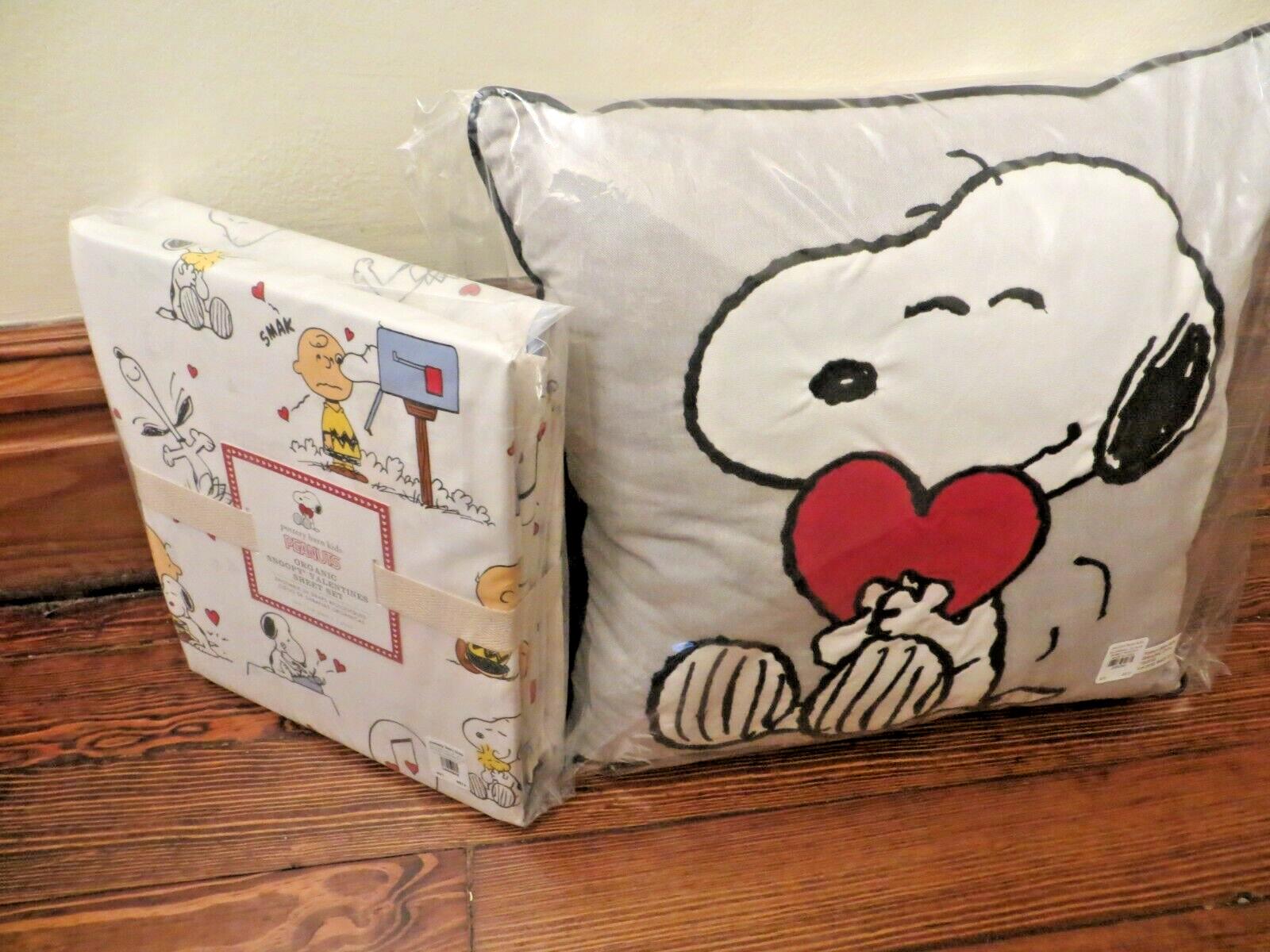 Snoopy Pottery Barn Peanuts TWIN SHEET SET + Pillow Heart gift Birthday ?? -