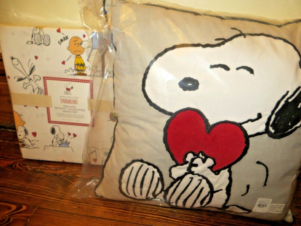 Snoopy Pottery Barn Peanuts TWIN SHEET SET + Pillow Heart gift Birthday ?? -