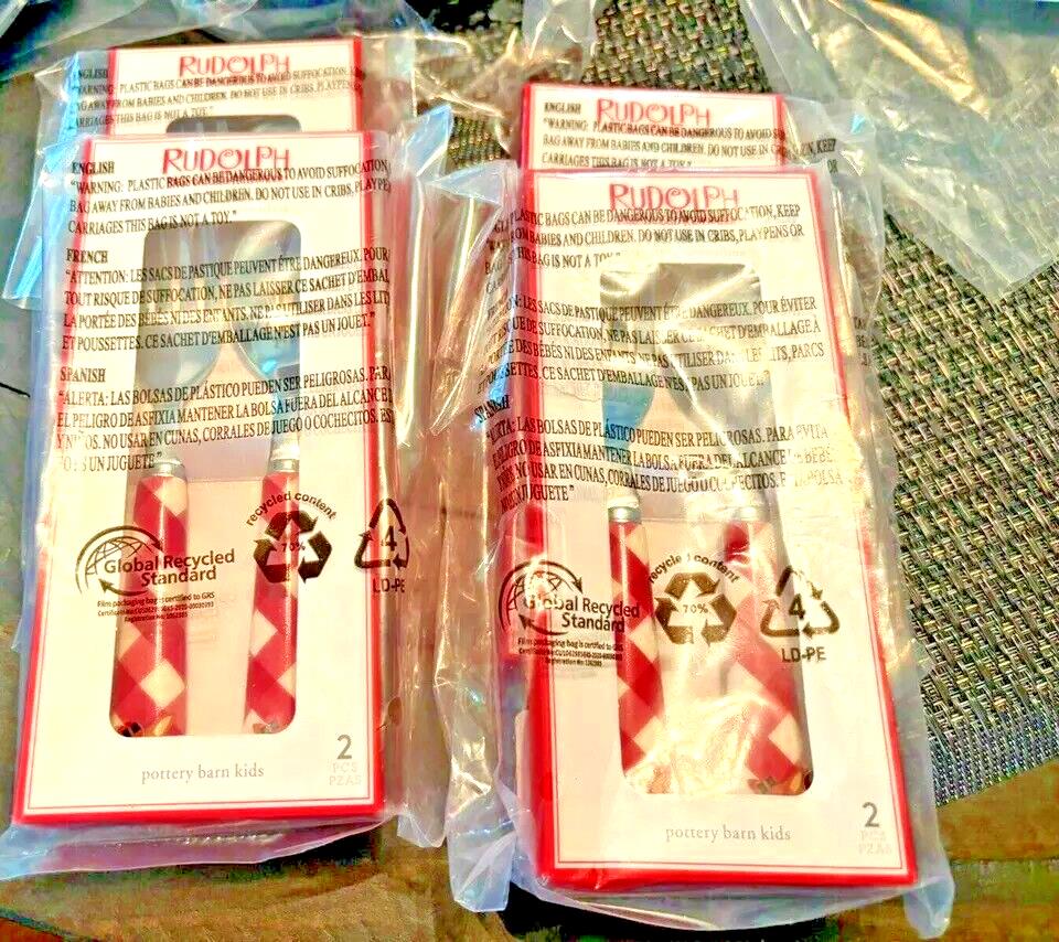 Pottery Barn Christmas holiday Rudolph Plaid red Utensil party disney SET 4 -