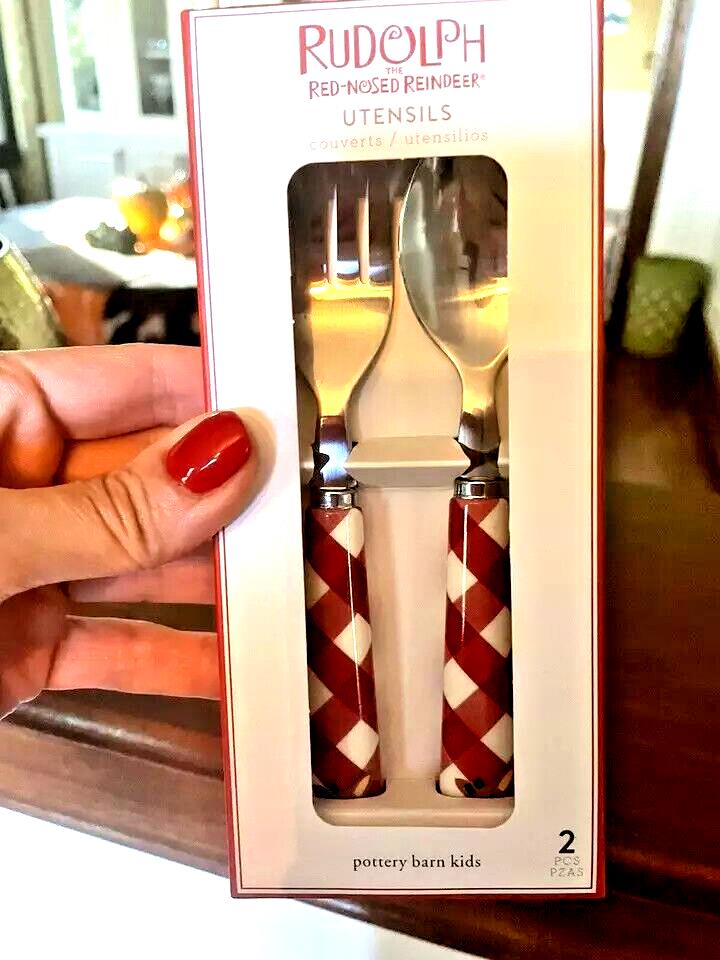 Pottery Barn Christmas holiday Rudolph Plaid red Utensil party disney SET 4 -