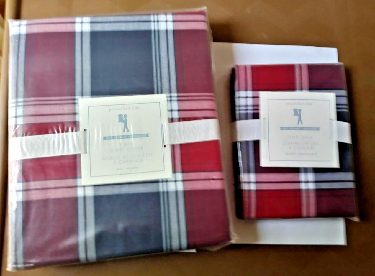 Pottery Barn holiday Plaid DUVET COVER + pillow SHAM Birthday party gift $289 "