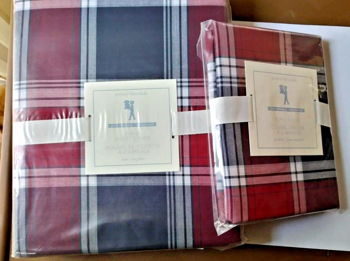 Pottery Barn holiday Plaid DUVET COVER + pillow SHAM Birthday party gift $289 "