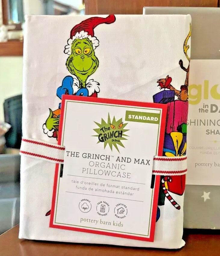 Pottery Barn Grinch Mickey Christmas pillowcase+ Seuss Holiday Disney Kid SET `