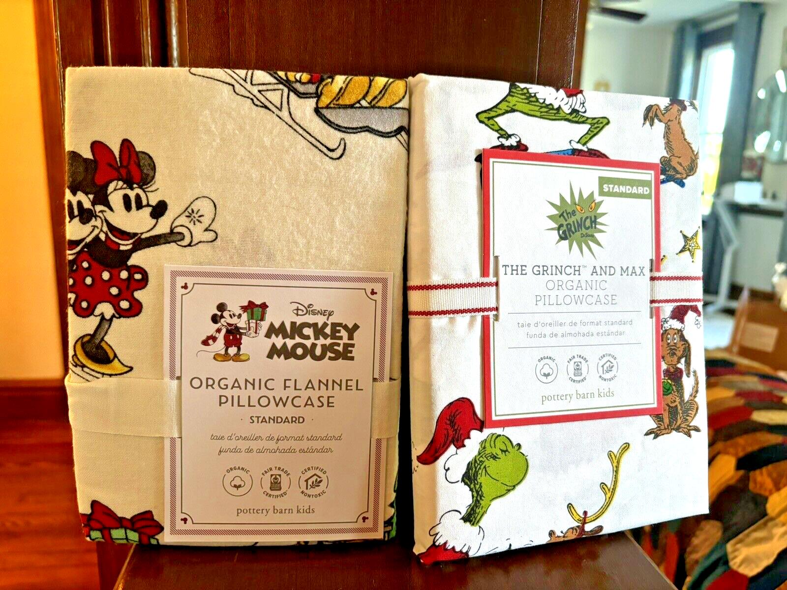 Pottery Barn Grinch Mickey Christmas pillowcase+ Seuss Holiday Disney Kid SET `