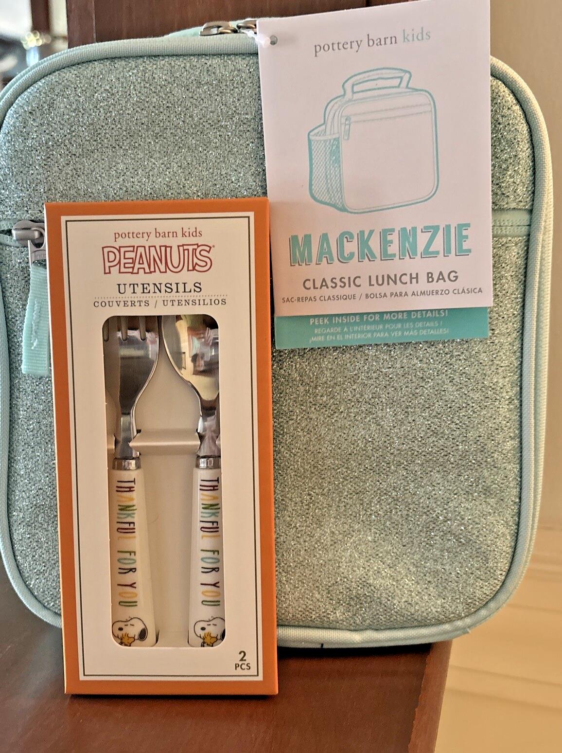 Pottery barn Snoopy School Glitter LUNCH +Utensils BAG Peanuts disney travel -