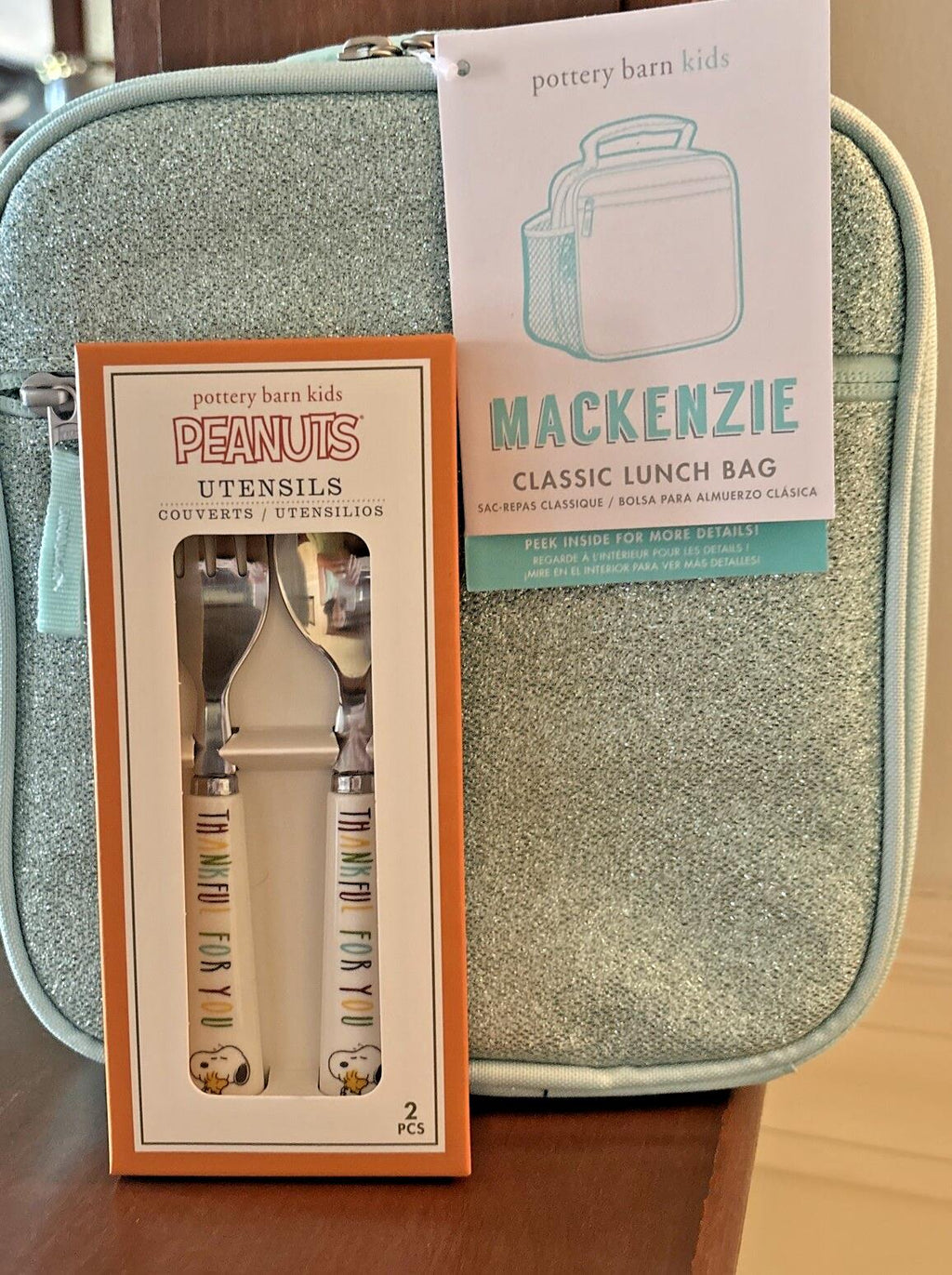 Pottery barn Snoopy School Glitter LUNCH +Utensils BAG Peanuts disney travel -