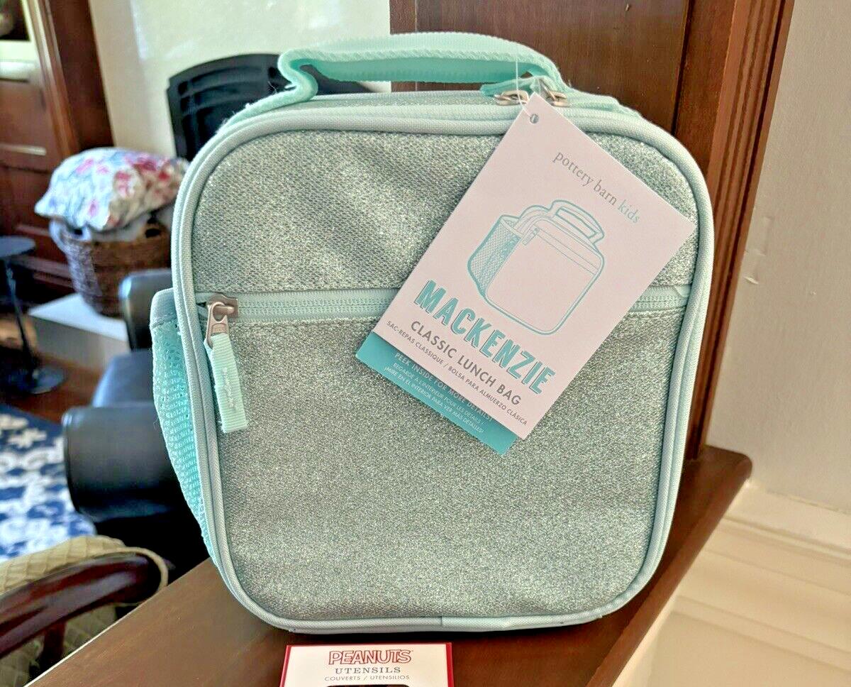 Pottery barn Snoopy School Glitter LUNCH +Utensils BAG Peanuts disney travel -