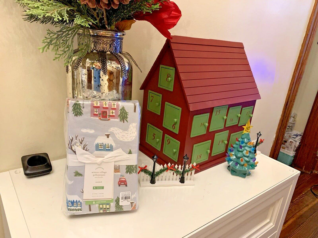 Pottery Barn KING PILLOWCASE winter village holiday Christmas tree gift SET 2 `