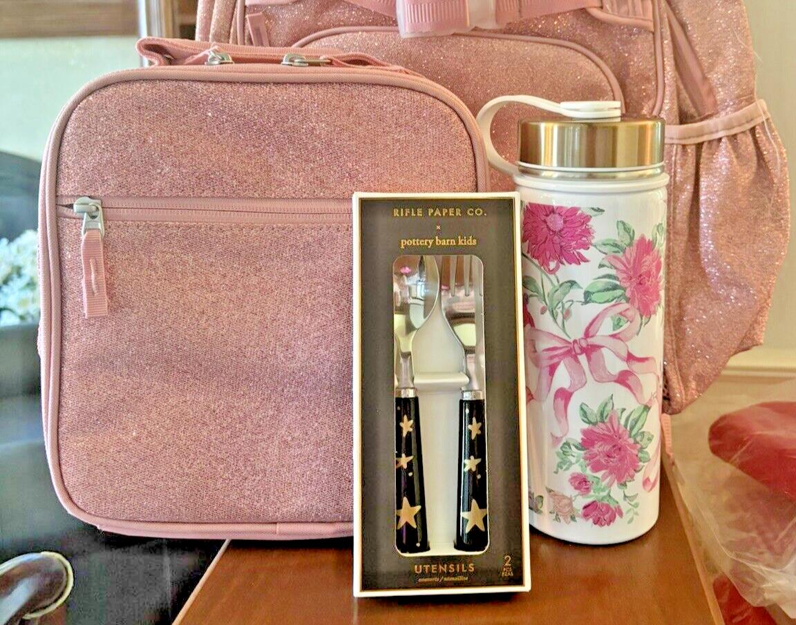 School Pottery barn glitter Lunch Box Travel Bag Flower Heart Water Large Girl .