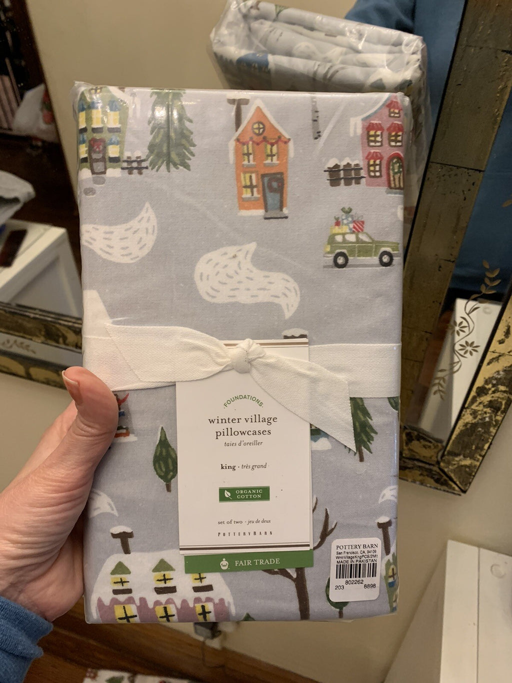 Pottery Barn KING PILLOWCASE winter village holiday Christmas tree gift SET 2 `