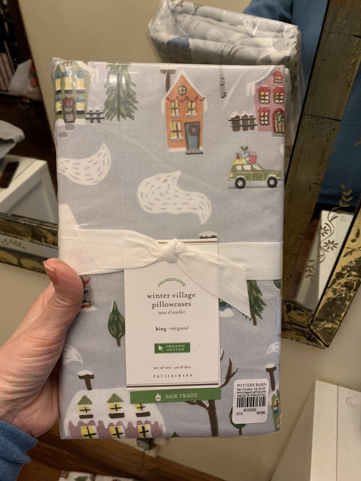 Pottery Barn KING PILLOWCASE winter village holiday Christmas tree gift SET 2 `