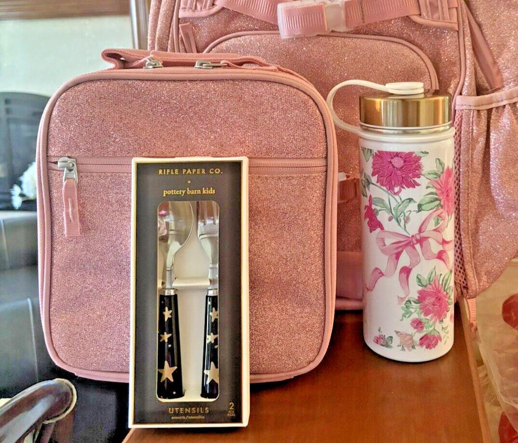 School Pottery barn glitter Lunch Box Travel Bag Flower Heart Water Large Girl .