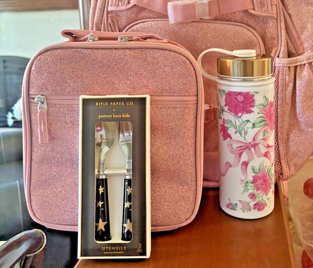 School Pottery barn glitter Lunch Box Travel Bag Flower Heart Water Large Girl .