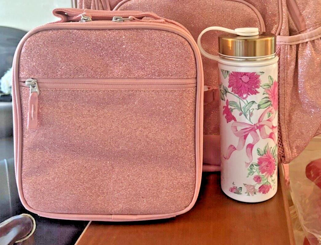 School Pottery barn glitter Lunch Box Travel Bag Flower Heart Water Large Girl .