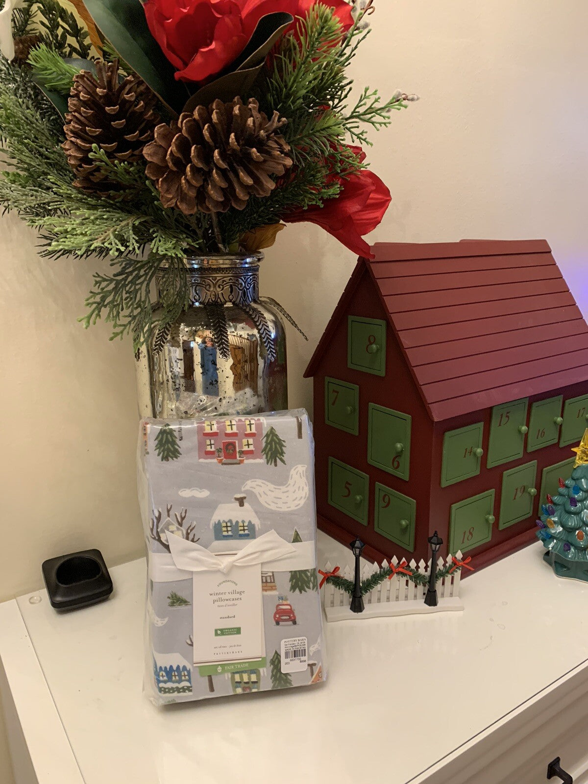 Pottery Barn KING PILLOWCASE winter village holiday Christmas tree gift SET 2 `