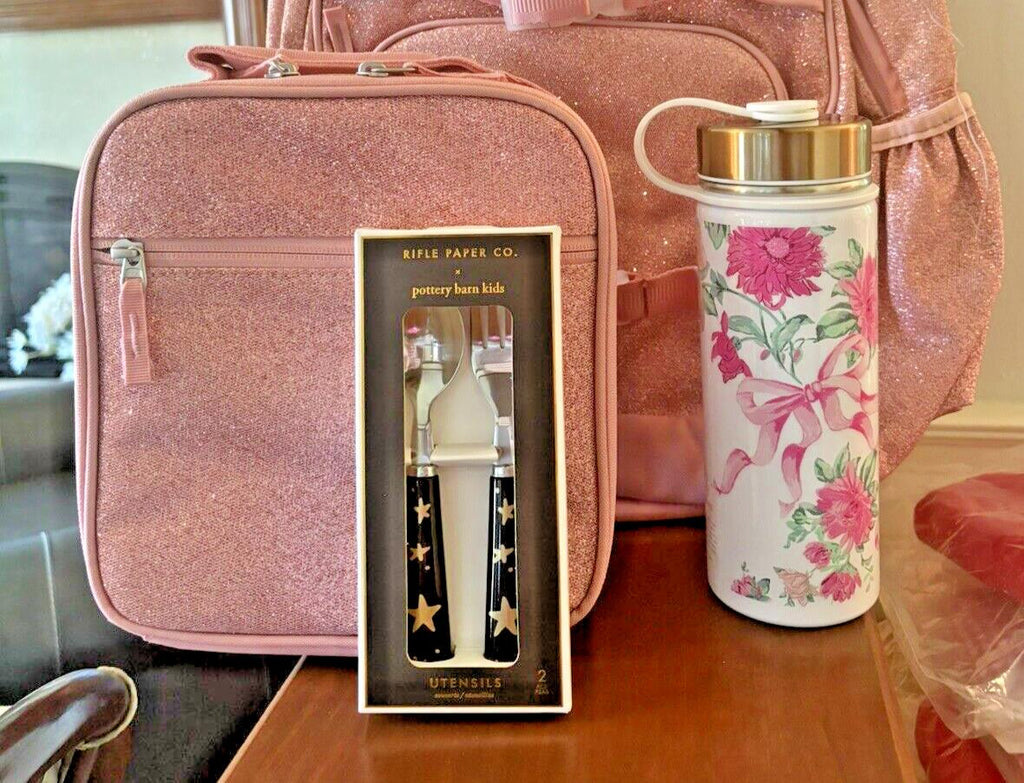 School Pottery barn glitter Lunch Box Travel Bag Flower Heart Water Large Girl .