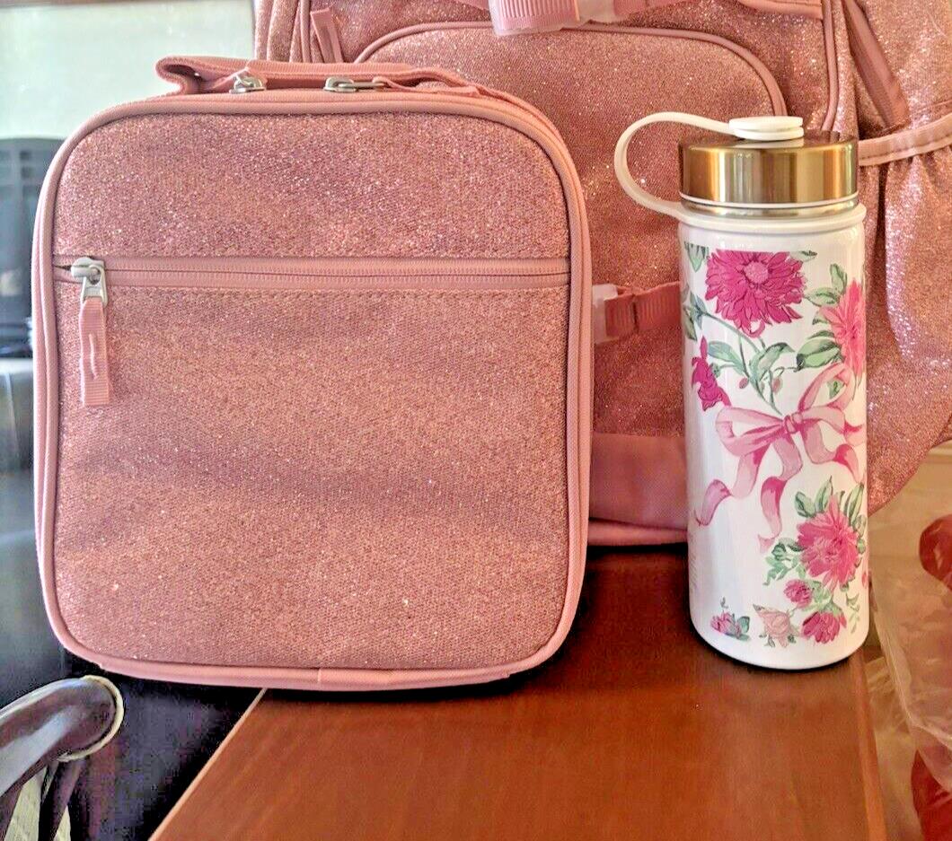 School Pottery barn glitter Lunch Box Travel Bag Flower Heart Water Large Girl .