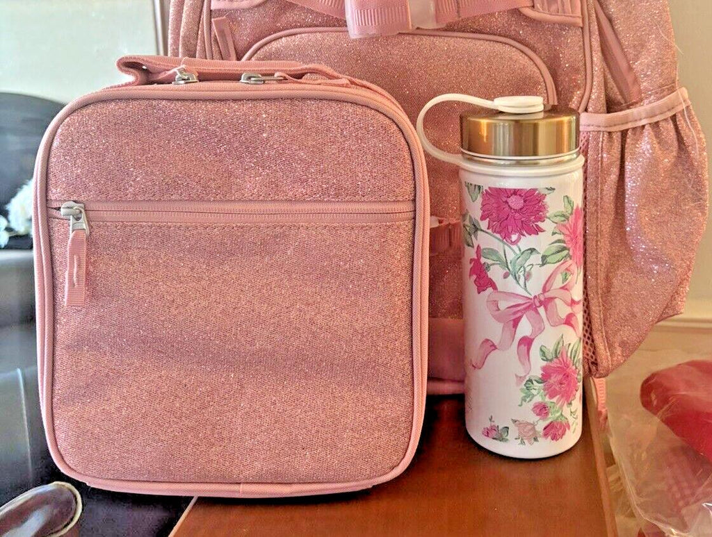 School Pottery barn glitter Lunch Box Travel Bag Flower Heart Water Large Girl .