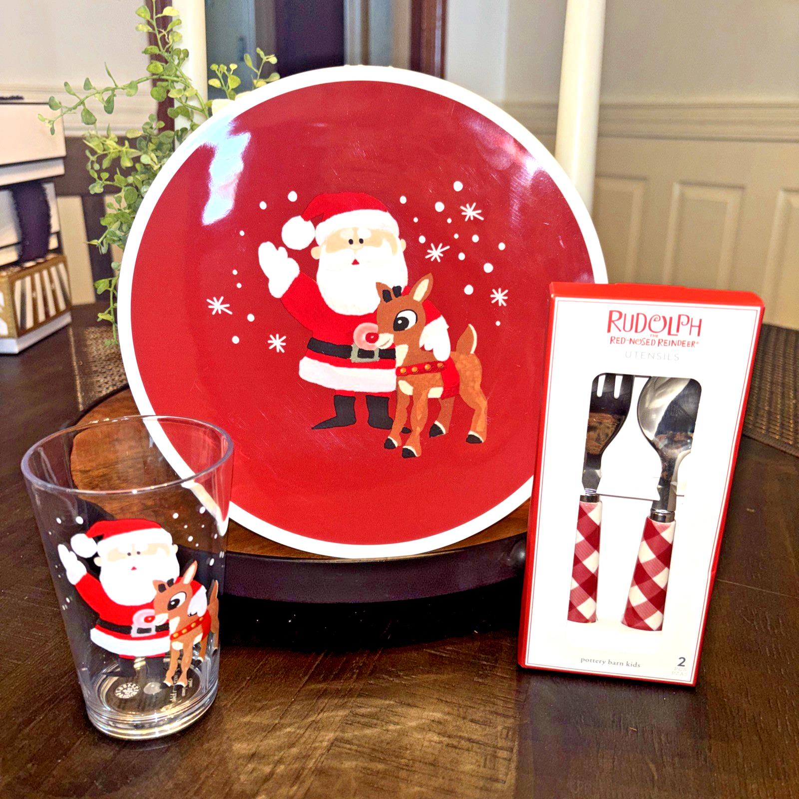 Pottery Barn Rudolph holiday Santa Christmas PLATE CUP UTENSIL Plaid party SET