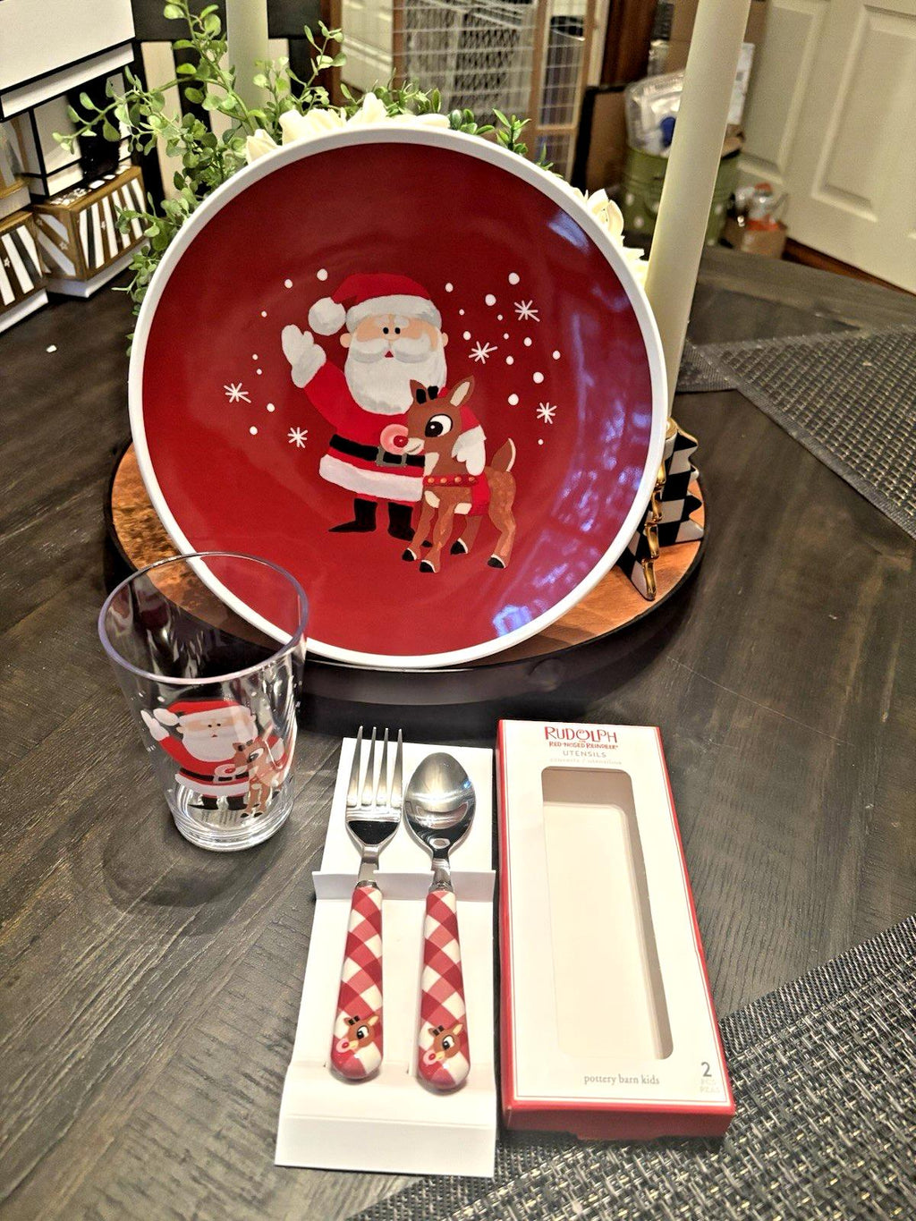 Pottery Barn Rudolph holiday Santa Christmas PLATE CUP UTENSIL Plaid party SET