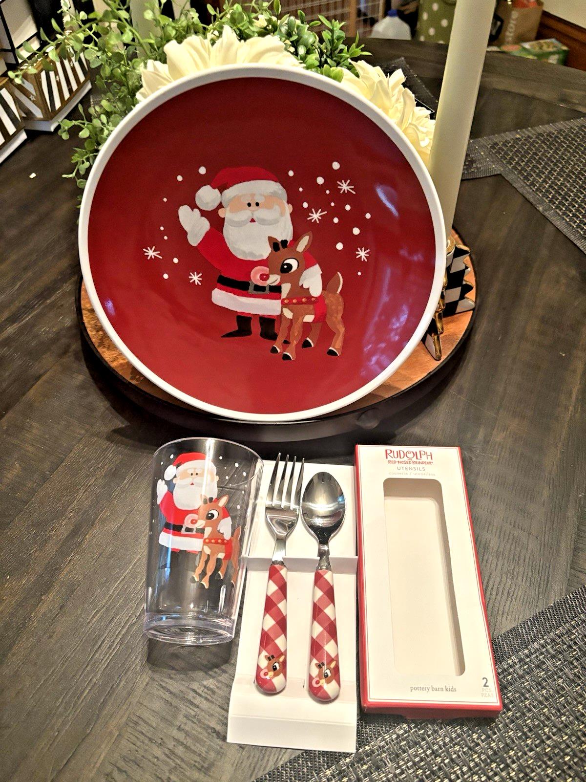 Pottery Barn Rudolph holiday Santa Christmas PLATE CUP UTENSIL Plaid party SET