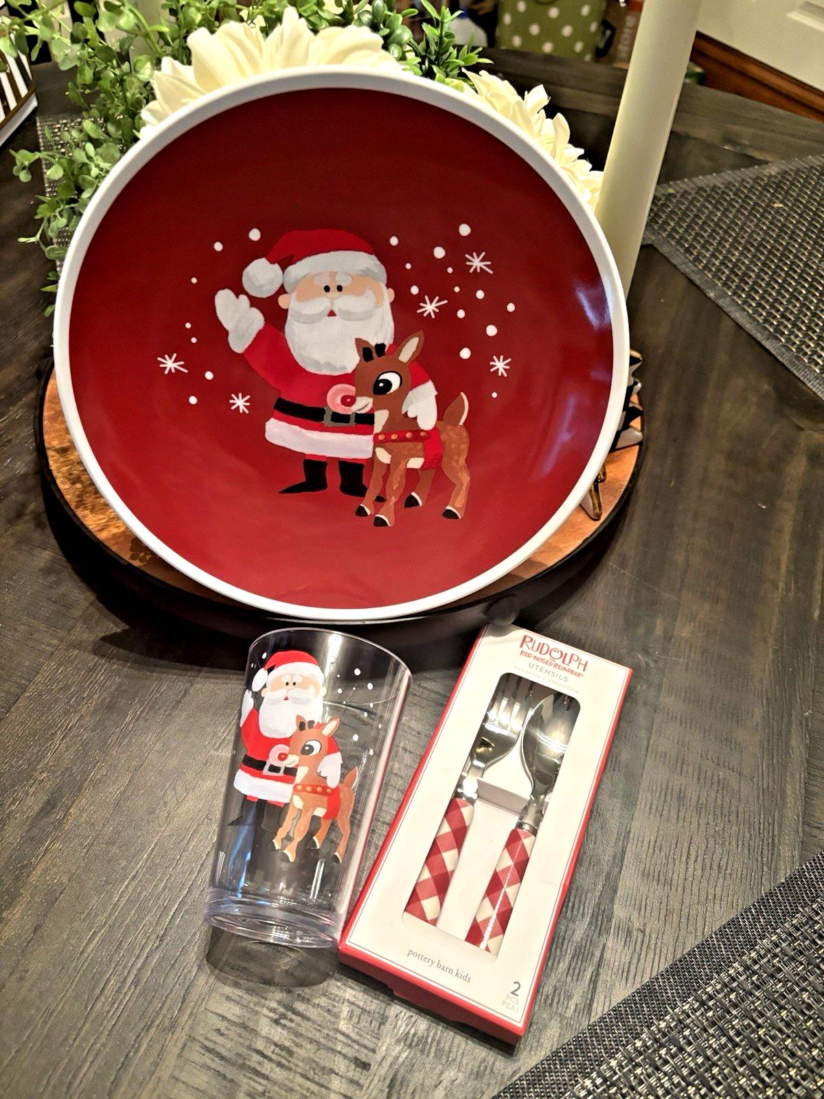 Pottery Barn Rudolph holiday Santa Christmas PLATE CUP UTENSIL Plaid party SET