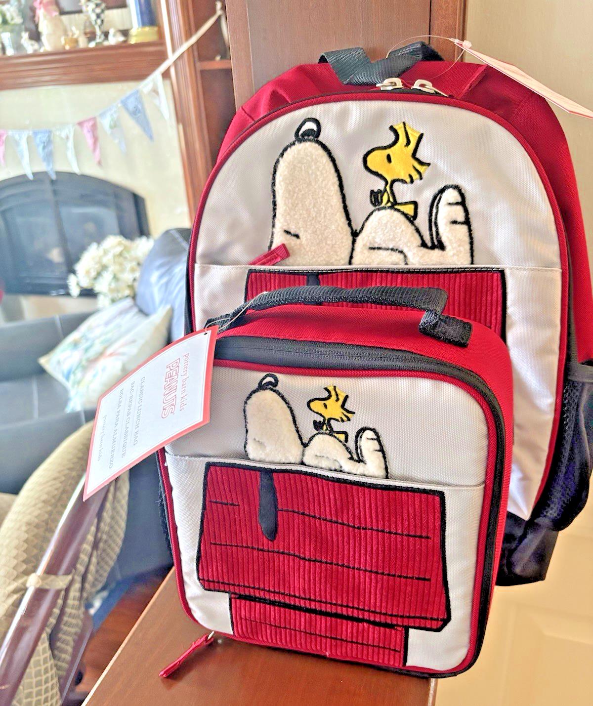 School Pottery barn SNOOPY BACKPACK +LUNCH BOX BAG Peanuts holiday travel gift .