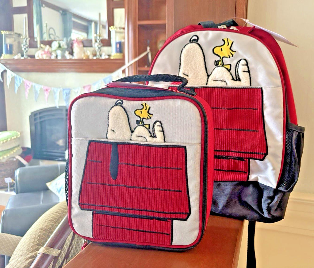 School Pottery barn SNOOPY BACKPACK +LUNCH BOX BAG Peanuts holiday travel gift .