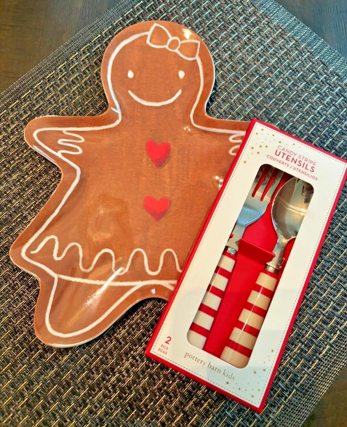 Pottery Barn Christmas Gingerbread PLATE + Candy Cane UTENSIL holiday SET 3 -