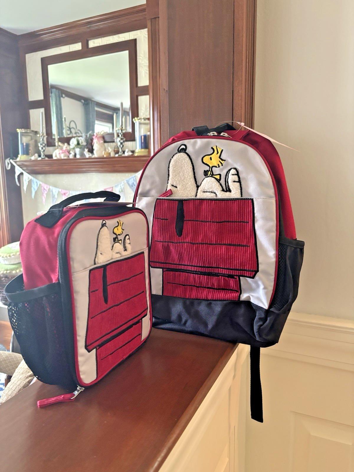 School Pottery barn SNOOPY BACKPACK +LUNCH BOX BAG Peanuts holiday travel gift .