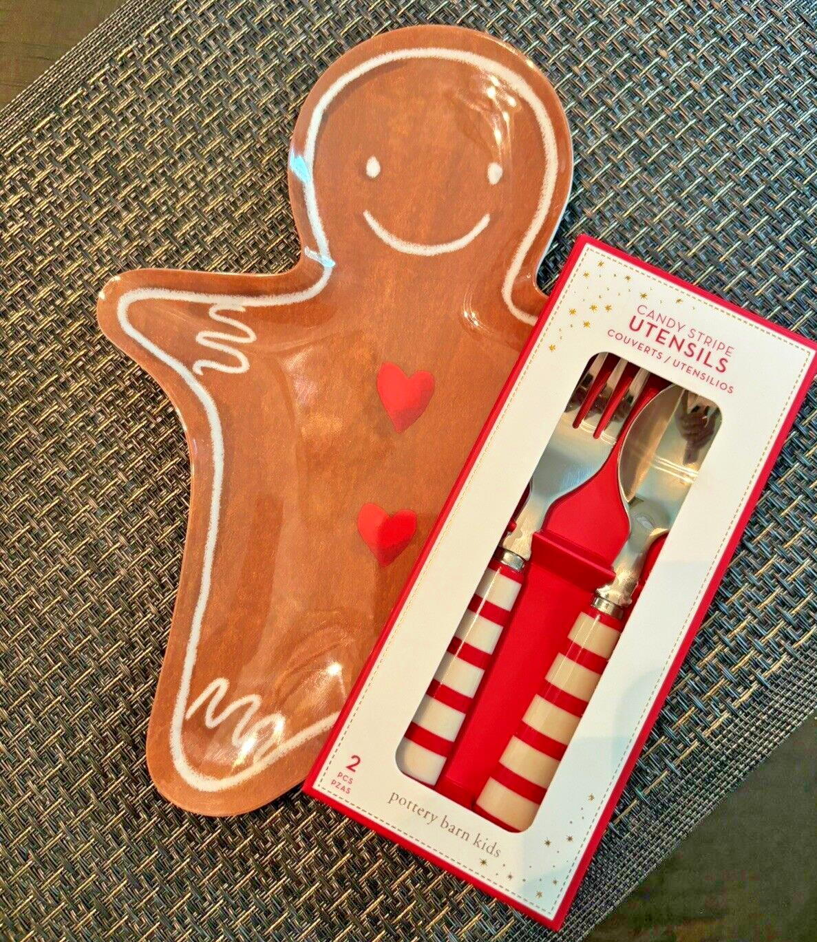 Pottery Barn Christmas Gingerbread PLATE + Candy Cane UTENSIL holiday SET 3 -