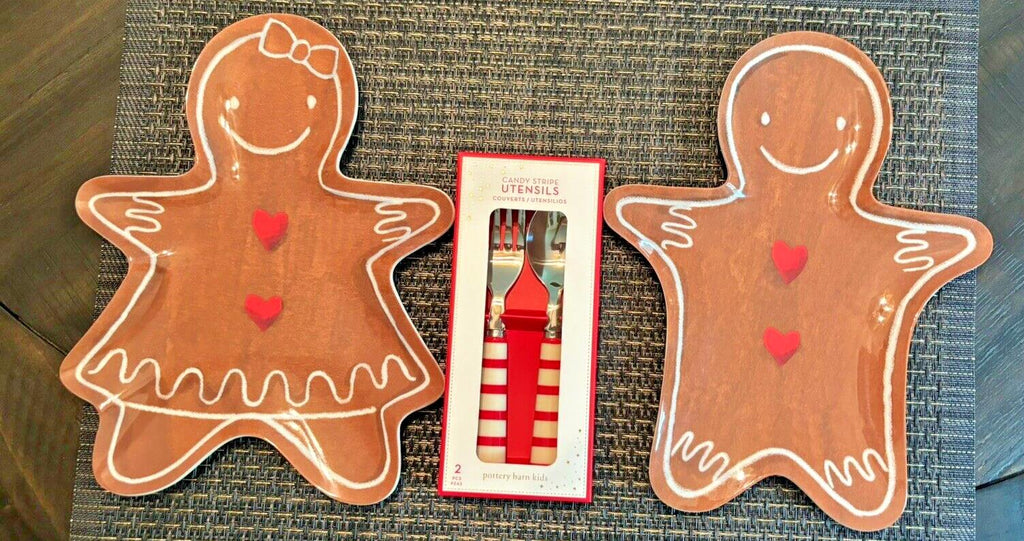 Pottery Barn Christmas Gingerbread PLATE + Candy Cane UTENSIL holiday SET 3 -