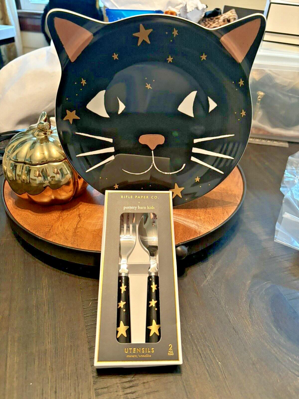 Pottery Barn Disney Plate Utensil Set Halloween Holiday party school black cat a